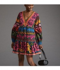 Farm Rio Anthropologie Size M Floral Tropical Mini Dress Puff Sleeves Multicolor