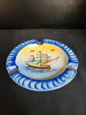 Sailboat Moriage Enamel Hand Painted Ashtray Vintage Japan, 5.5" Dia