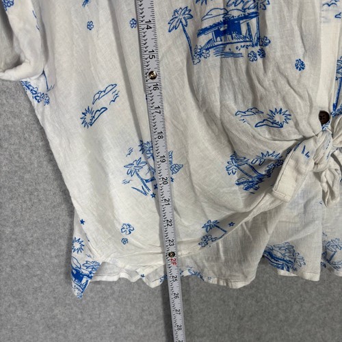 Sonoma Shirt XXL White Blue Linen Button Tie Vacation Coastal Resort Boxy Flowy - Picture 5 of 9