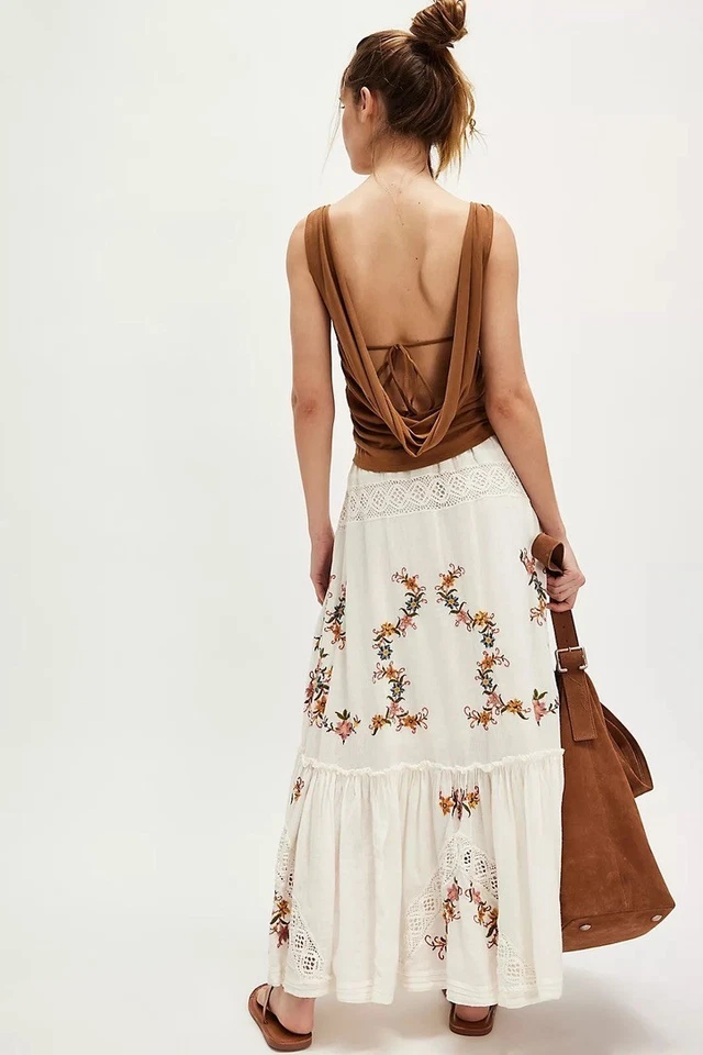 Free People Paradiso Maxi Skirt Tiered Embroidered Floral Lace Snow White XS NEW - Image 3 of 4