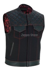 Men  s Biker Vest Or Hunt Club Leather Diamond Quilted Motorcycle Vest Black Red