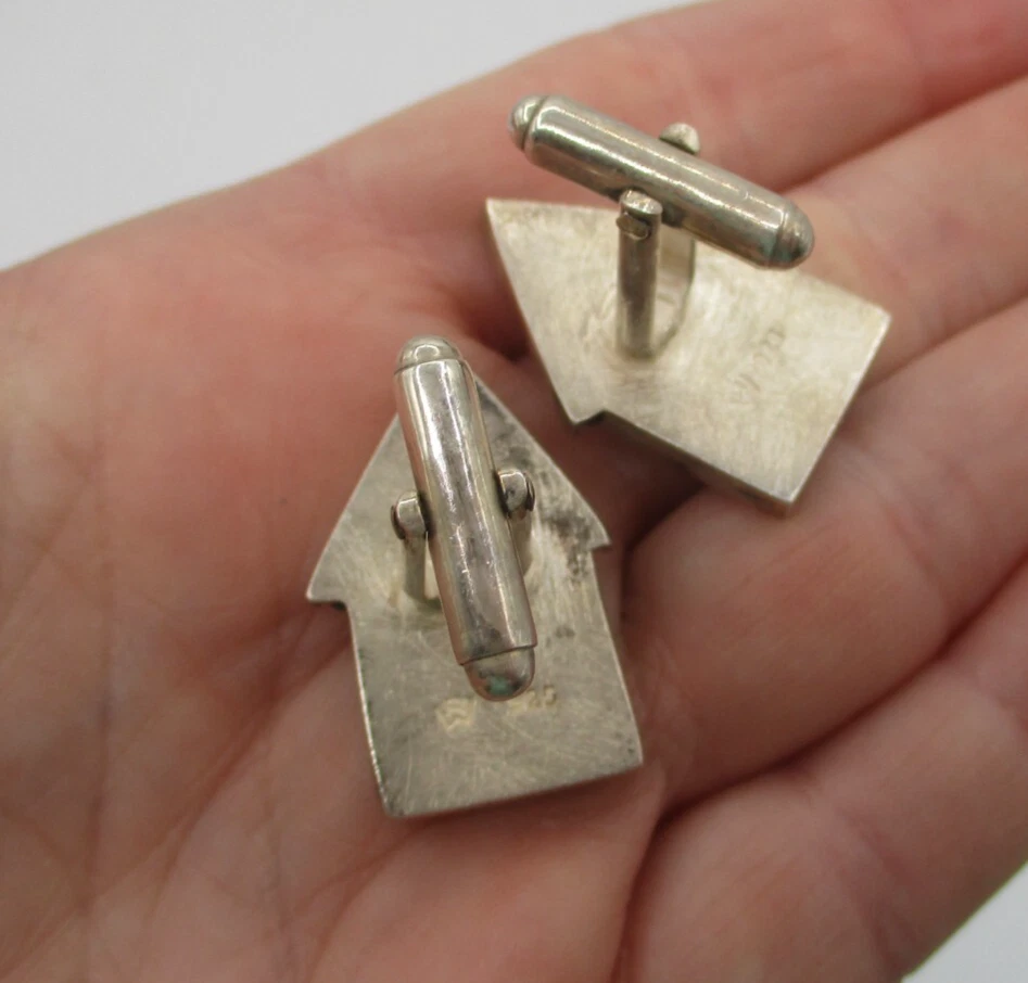 STERLING SILVER CUFFLINKS ~ RED & BLUE ENAMEL HOUSE ~ SIGNED RW - Image 3 of 4