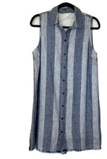 BeachLunchLounge Women's SZ S Sleeveless Linen Blue Stripe Boho Beach ShirtDress