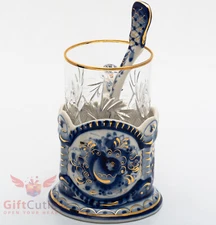  Porcelain Gzhel Cup Glass Holder crystal lead glass tea spoon set author's work