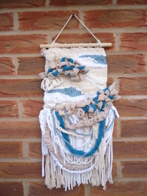 Blau weiß beige SAND & MEER Boho Handwerker handgefertigt handgewebte Wandhängung 23 Zoll