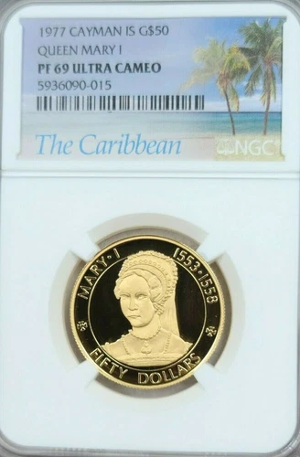 1977 CAYMAN ISLANDS GOLD 50 DOLLARS QUEEN MARY I NGC PF 69 ULTRA CAMEO TOP POP