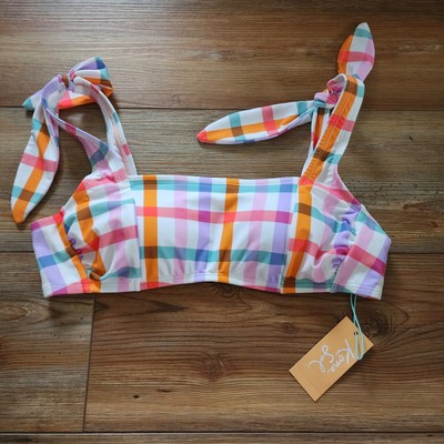 Kona Sol Bikini Top Womens M Plaid Shoulder Tie Bralette Multi-Color 