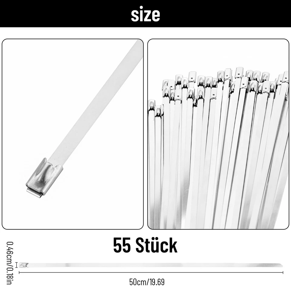 55 fascette per cavi in acciaio inox 4,6 x 500 mm in argento fascette in acciaio - Immagine 2 di 4