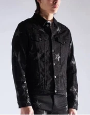 NWT EMBELLISH Small Mens  Black Cosmo Stars Denim Jacket