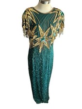 Silk Vtg 80s Gown Heavy Gold Embellishment Cap Sleeve W Dangle Beading Large