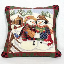Vintage Needlepoint Pillow Snowman Family Bird Christmas Velvet Back with Insert