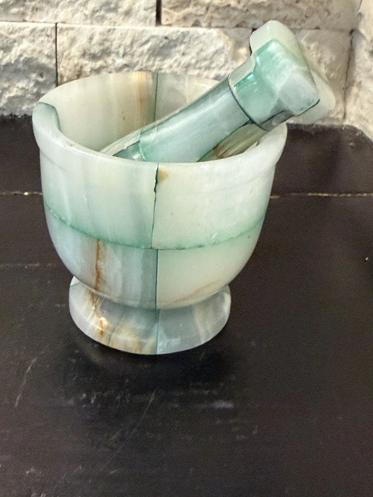 Polished Onyx Mortar & Pestle Hand Carved Green Banded Pattern Vintage