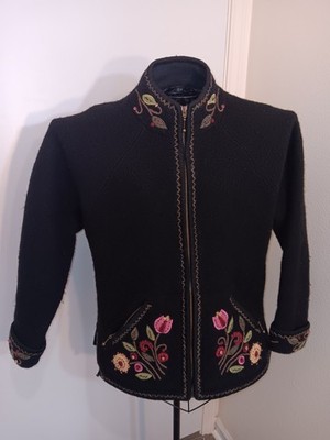 Icelandic Design Sweater Womens M Shetland Wool Zip Up Lined Black Floral Knit