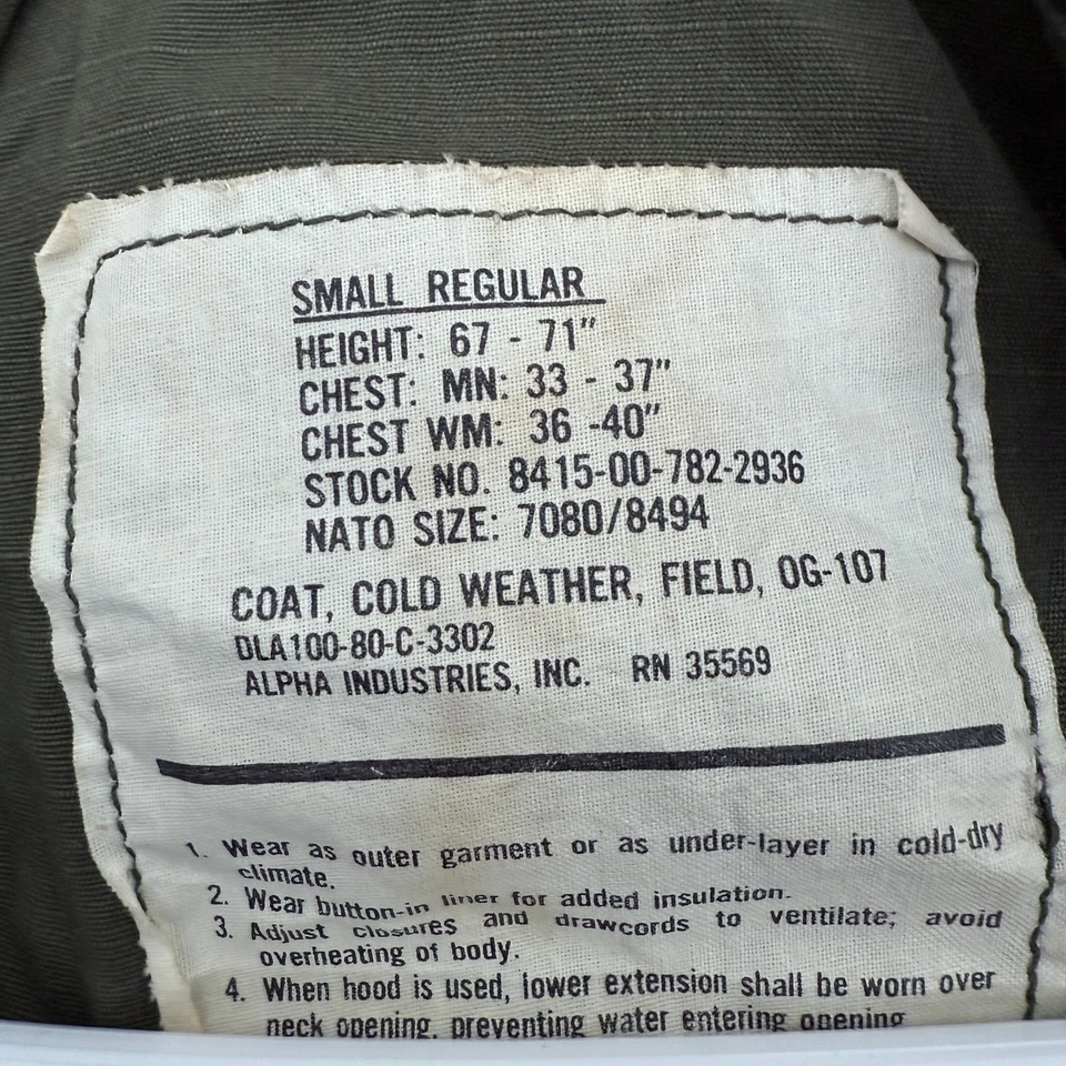 Vintage M65 OG 107 Jacket Mens S Green Alpha Industries US Army Patches 80s - Image 3 of 4