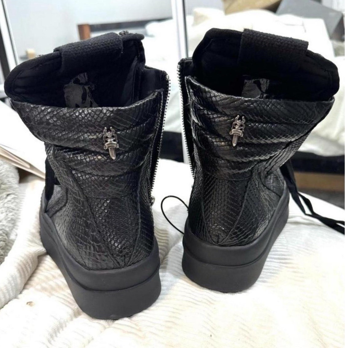 Chrome Hearts Men’s Black Reptile Embossed Leather Ankle Combat Boots US 7.5