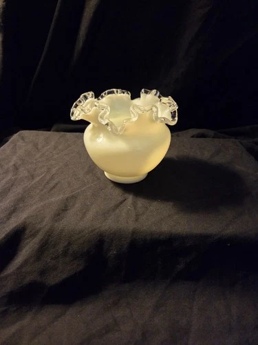 Vintage Fenton Silver Crest Rose Bowl Vase 4" Glass White Clear Ruffel