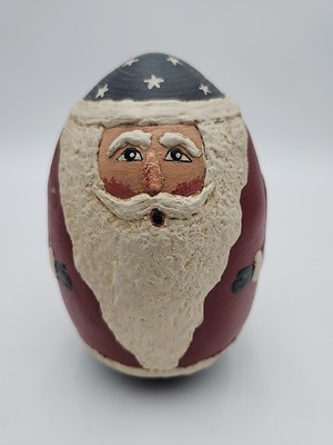 Egg Shaped Patriotic Santa Folk Art Wood Hand Painted VTG 90s Signed J.E. HENRY