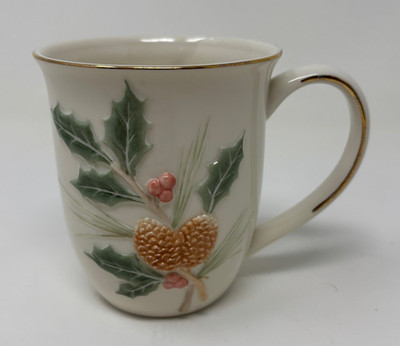 Lenox Holiday Pinecone & Holly Embossed Porcelain Mug with Gold Trim