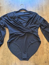 boohoo Black Long Sleeve Wrap V-Neck One-Piece Bodysuit US 12 Solid