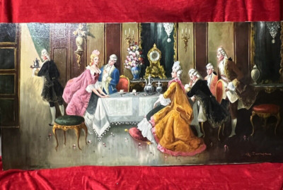 Ölgemälde ''Soirée in Versailles'' im Rokokostil 20. Jahrhundert signiert A Zavaga