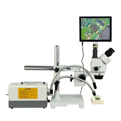 OMAX 2.1X-270X 5MP Touchscreen Zoom Boom Stereo Microscope+150W Dual Fiber Light