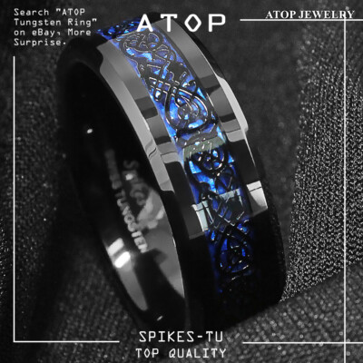 8/6mm Tungsten Carbide Ring Black Celtic Dragon Blue carbon fibre ATOP Jewelry