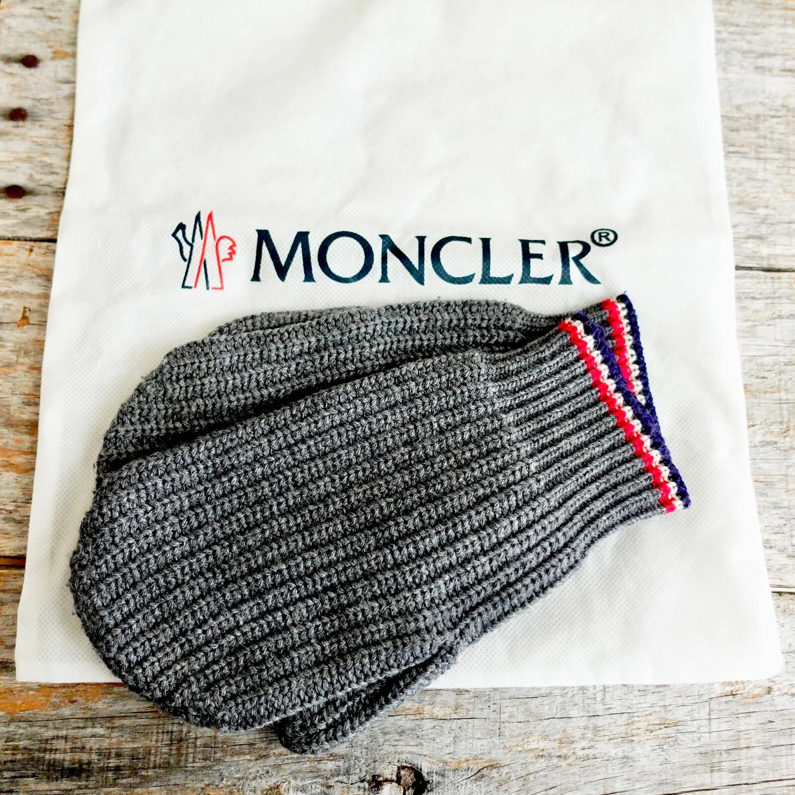 Moncler Mens Mittens Gloves MEDIUM Grey Stripe Wool Authentic Retro Vintage $395