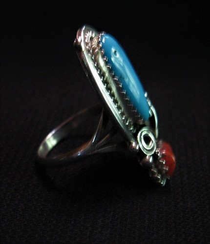 Turquoise & Coral Sterling SIlver Ring with Leaf - Navajo Handmade - Picture 2 of 4