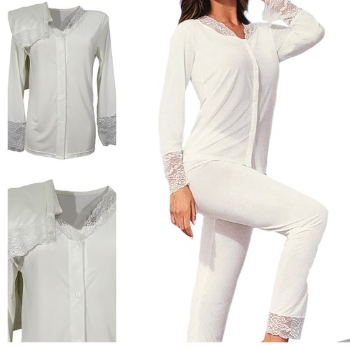 LUBOT Pigiama Donna In Viscosa Di Bambù 2 Pezzi – Morbido E Fresco – Maniche Lunghe Con Bottoni – Blu Navy A Pois – Taglia M - 6