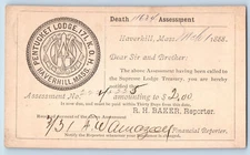 Haverhill Massachusetts MA Postcard Death Assesment Pentucket Lodge 171 KOH 1888