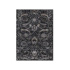 4'10"x7' Phantom Black Hand Knotted Sickle Leaf Design Wool and Silk Rug R91135