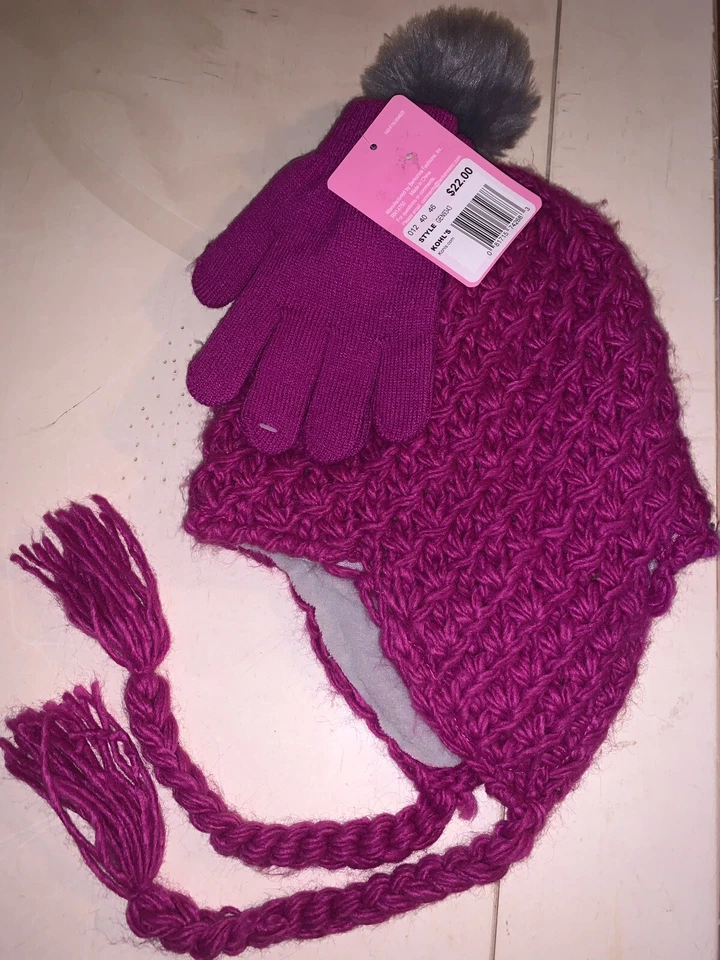 * 全新 秘鲁风格 Pom 豆豆帽手套套装 粉色 均码 适合大多数 7-16 — 第 2/3 张图片