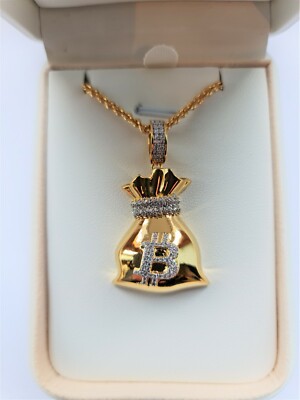 Bitcoin Cryptocurrency Pendant Necklace Gold Plated - Bitcoin B Sack with Zircon
