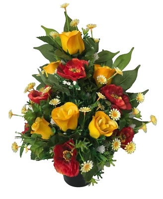 SILKY BOUQUET Silk Flower Grave Pot Artificial Rose & Poppy Flat Back Mixed Arrangement Wreath