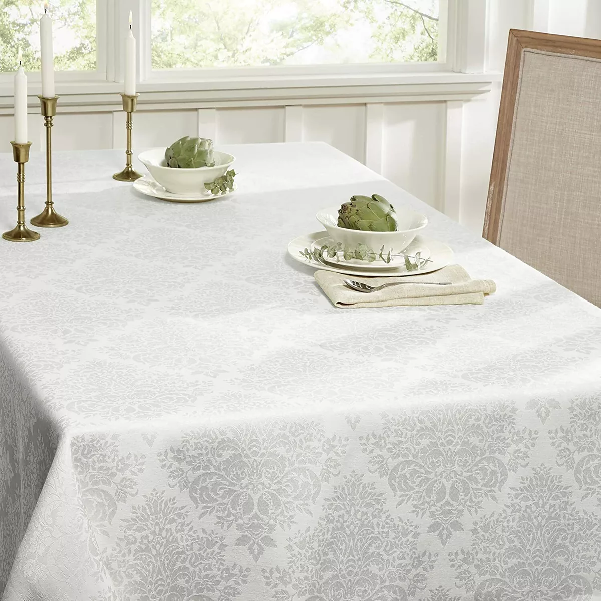 White damask tablecloth deals