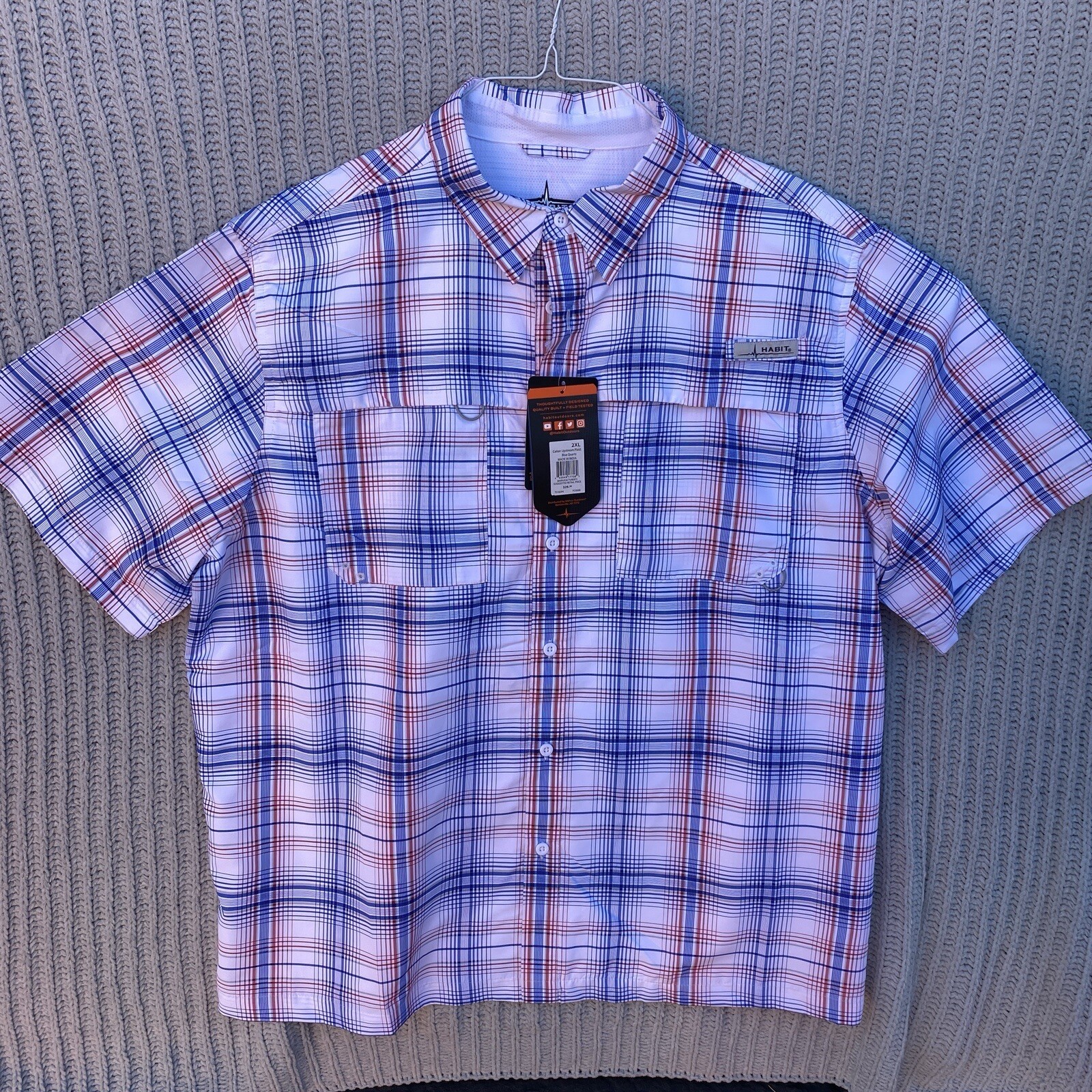 HABIT Fishing Shirt Adult XXL 2XL White Plaid Short Sleeve Mens Vented