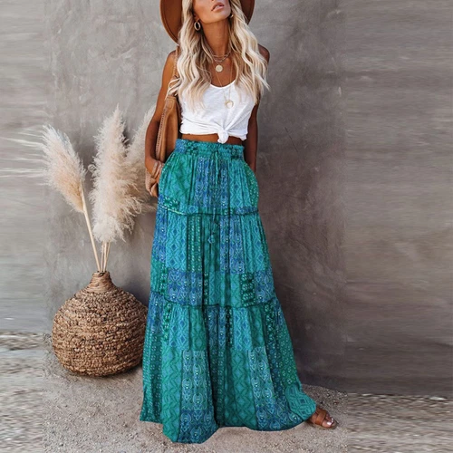 Bohemian Rock Patchwork Langrock Boho Ethno Print Maxi Retro A-Linie Plissee - Bild 17 von 40