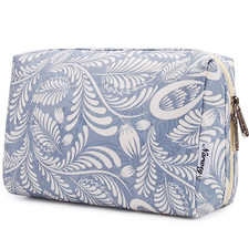 Large Makeup Bag Zipper Pouch Travel Cosmetic Organizer for Large, Blue Leaf