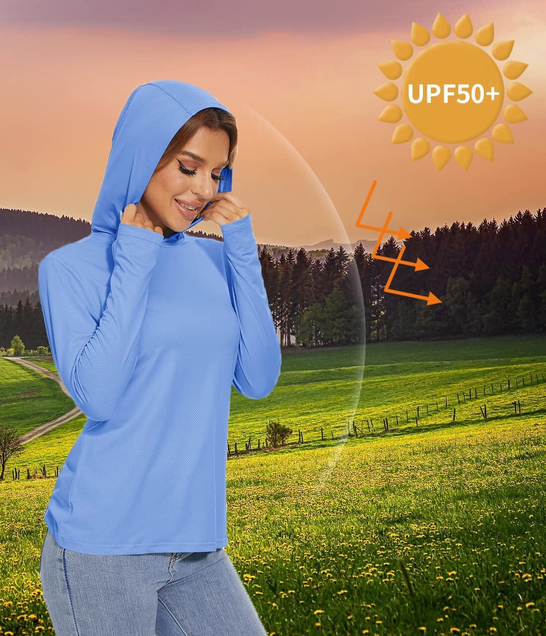 UPF50+ Womens Sun Protection Hoodie Rash Guard Long Sleeve UV Shirts