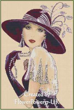 Art Deco Lady in Burgundy with Large Hat Counted Cross Stitch Chart No. 1-35b