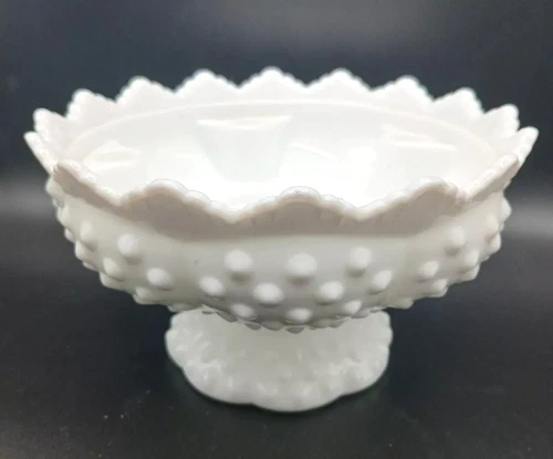 VINTAGE 1950'S FENTON WHITE MILK GLASS HOBNAIL 6  CANDLE FOOTED BOWL  W/ STICKER