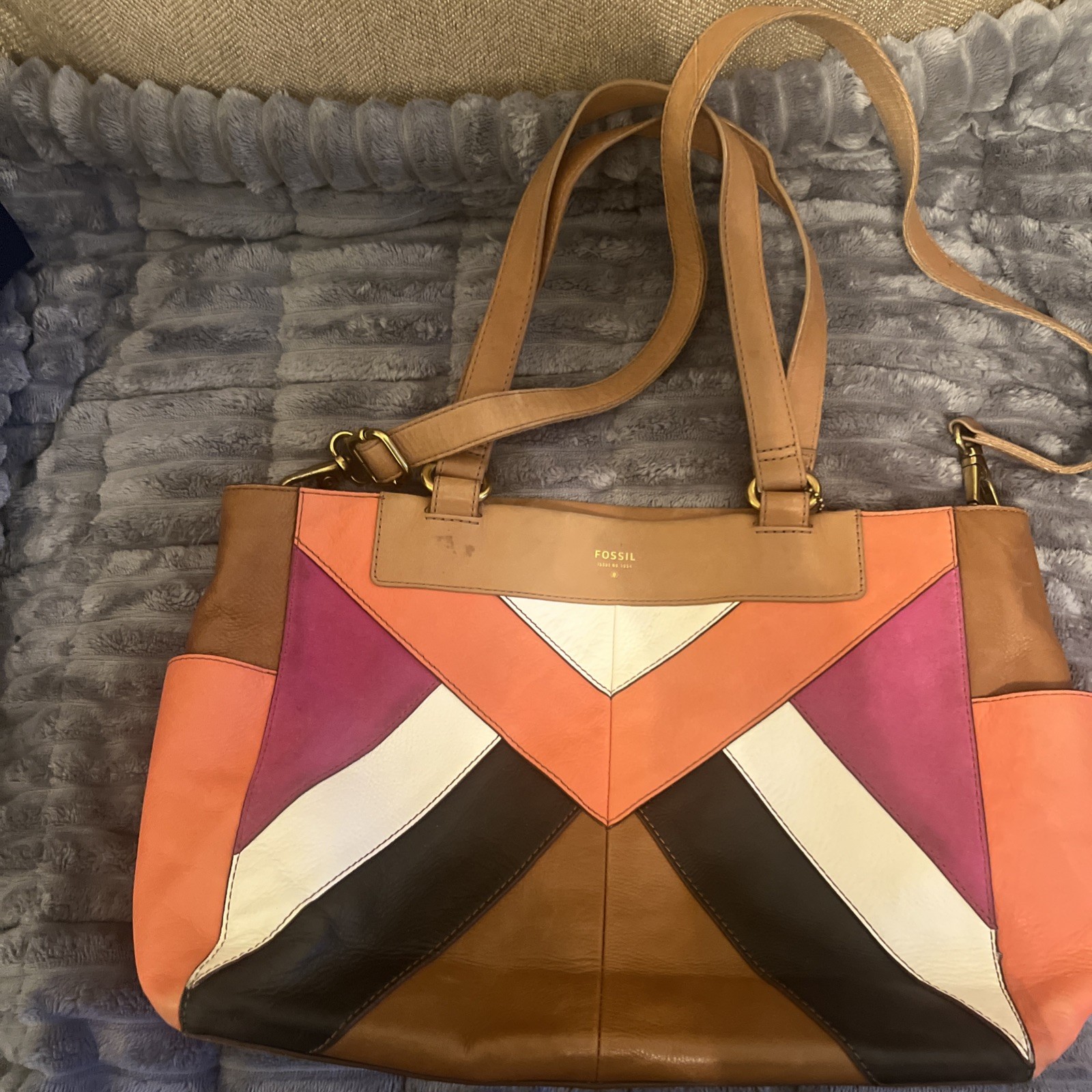 Fossil Brown Large Leather Patchwork Shoulder Bag - image 1