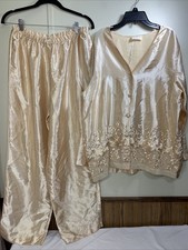 Vintage Liquid Satin Pajamas Lounge Set Large Silkie Sheer Glossy Lace Top Pants