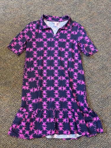 Lilly Pulitzer Girls XL Navy Pink Frog Short Sleeve Ruffle Hem Dress