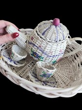 Wooden Wicker Tea Set With Tea Pot 2 Cups And Saucers And Basket. See Photos