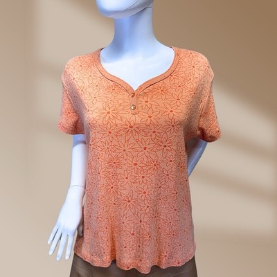 Basic Editions Ladies Melon/Orange Floral Henley Knit Short Sleeve Top Sz XL