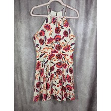 Express Floral Halter Mini Dress Cream Pink Orange Cutout Neckline Lined