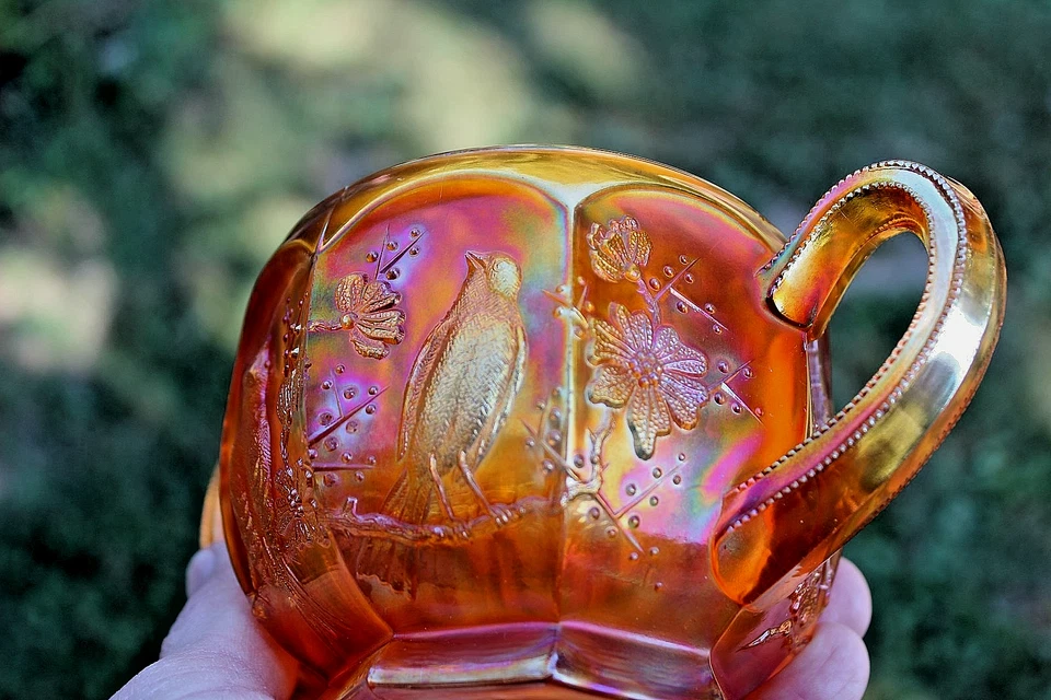 ANTIQUE NORTHWOOD SINGING BIRDS CARNIVAL GLASS SUGAR BOTTOM - MARIGOLD - Image 3 of 4