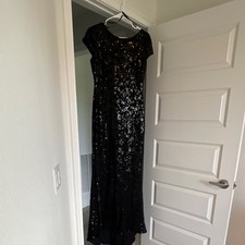 Calvin Klein Black Sequin Floral Gown Cowl Neck Short Sleeve Size 8