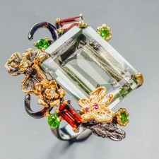 Handmade 28 ct Natural Green Amethyst Ring 925 Sterling Silver Size 8.5 /R439248